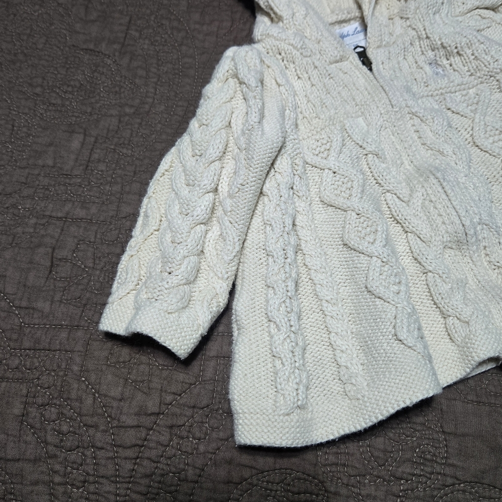 Ralph Lauren cable knit jacket attached hood embroidered pony ivory baby girl 6M - Picture 3 of 9